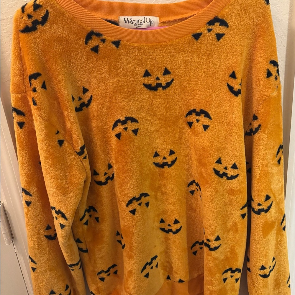 Wound Up Orange Pumpkin Face Fleece Sweater Top.